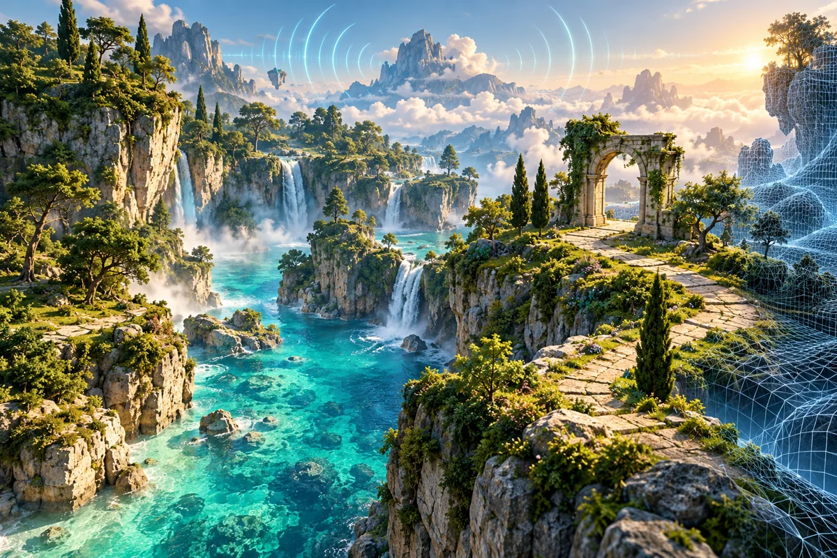 Conceptual illustration of cliffs and rivers with a digital mesh and sound waves; not a Genie 4 screenshot.